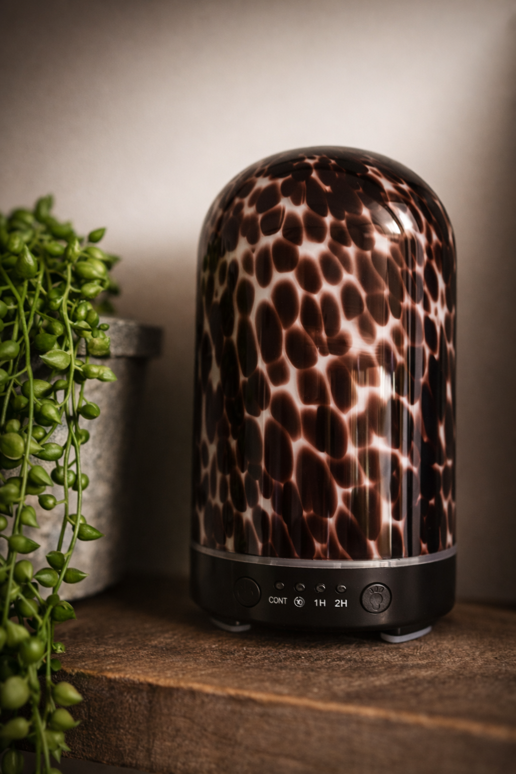 A brown tortoiseshell electronic diffuser on a wooden surface with a plant in the background