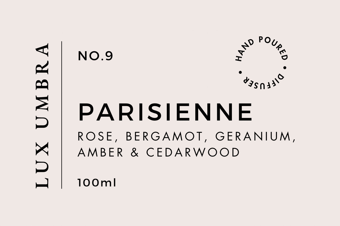 A reed diffuser label for a scent called Parisienne by Lux Umbra