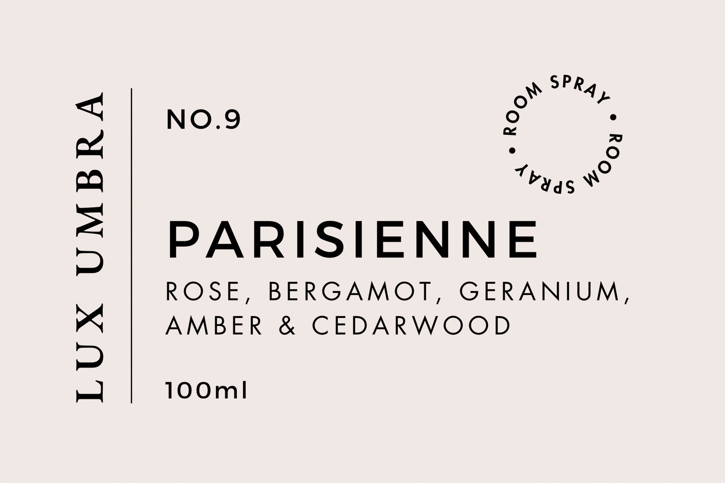 A room spray label for a spray called Parisienne by Lux Umbra