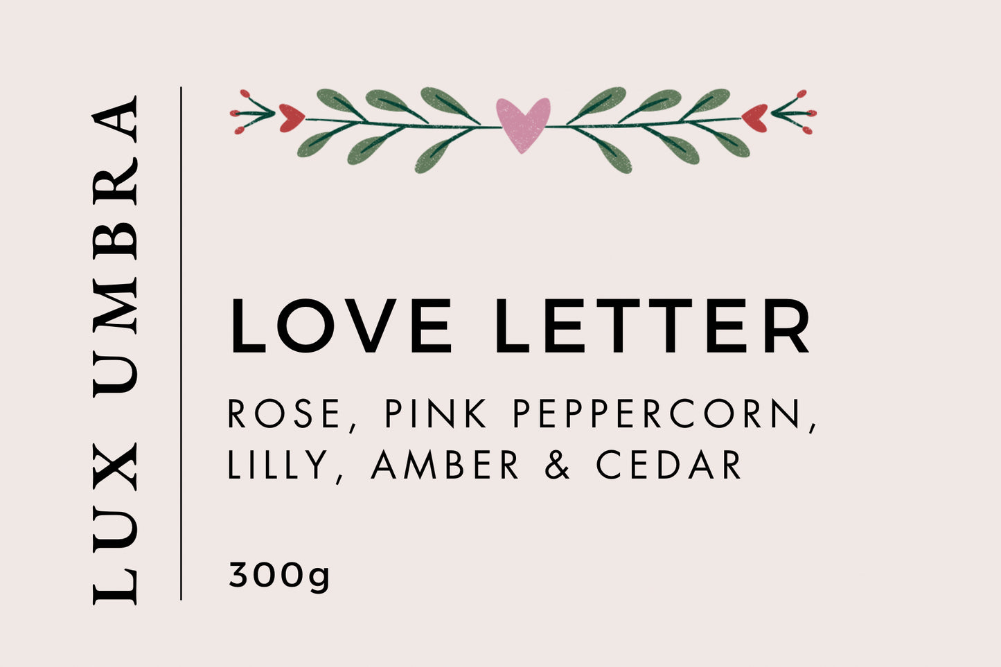 A candle label for a candle called love letter made by Lux Umbra