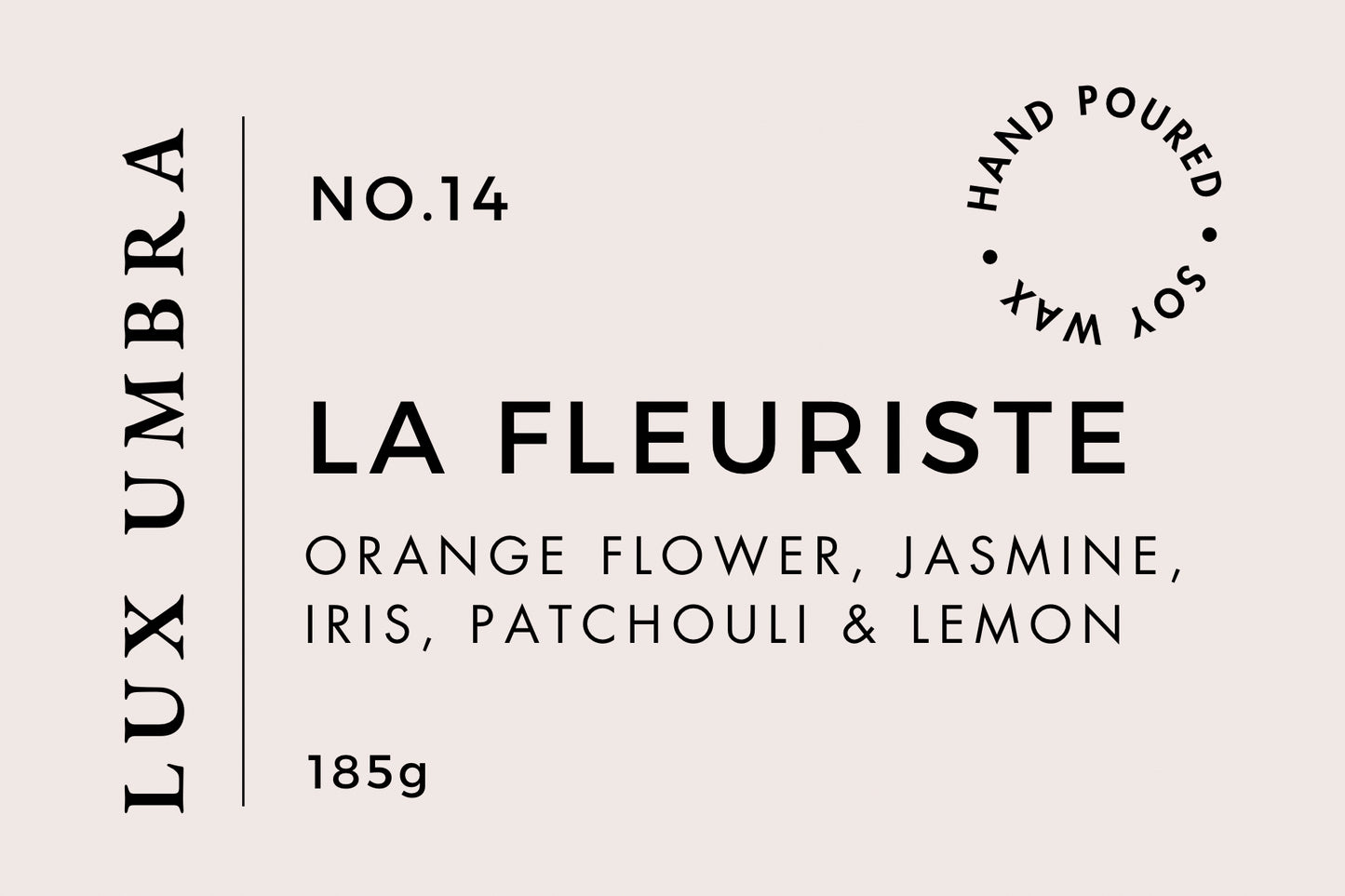 Lux Umbra candle label with product details on a beige background