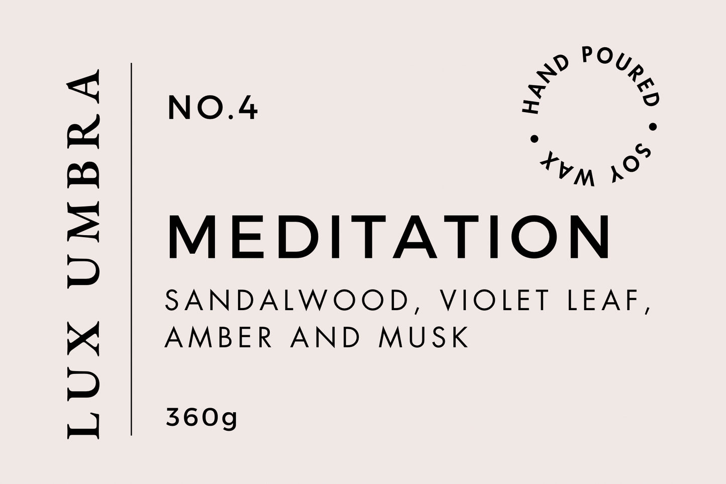 A label for a candle called meditation by Lux Umbra in a beige background