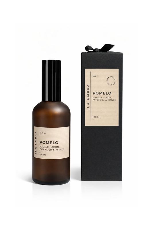 A room spray bottle and packaging for a spray called Pomelo