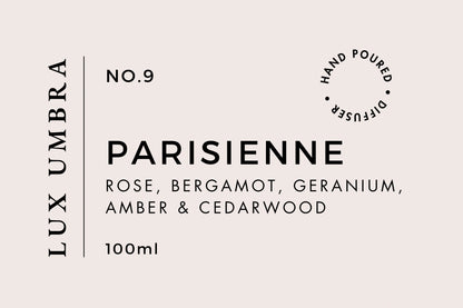 A reed diffuser label for a scent called Parisienne by Lux Umbra