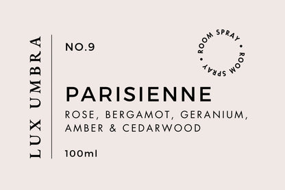 A room spray label for a spray called Parisienne by Lux Umbra