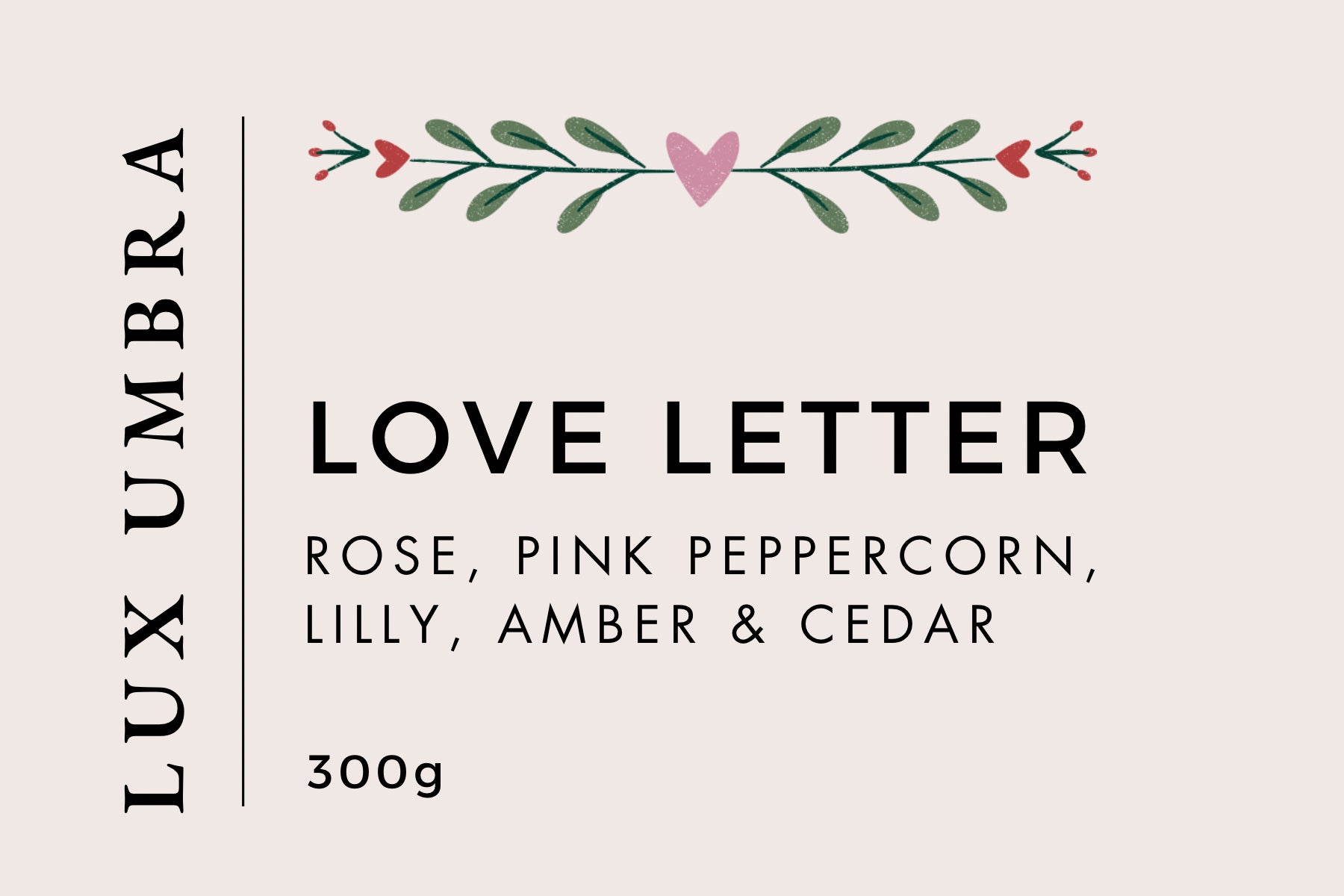 A candle label for a candle called love letter made by Lux Umbra