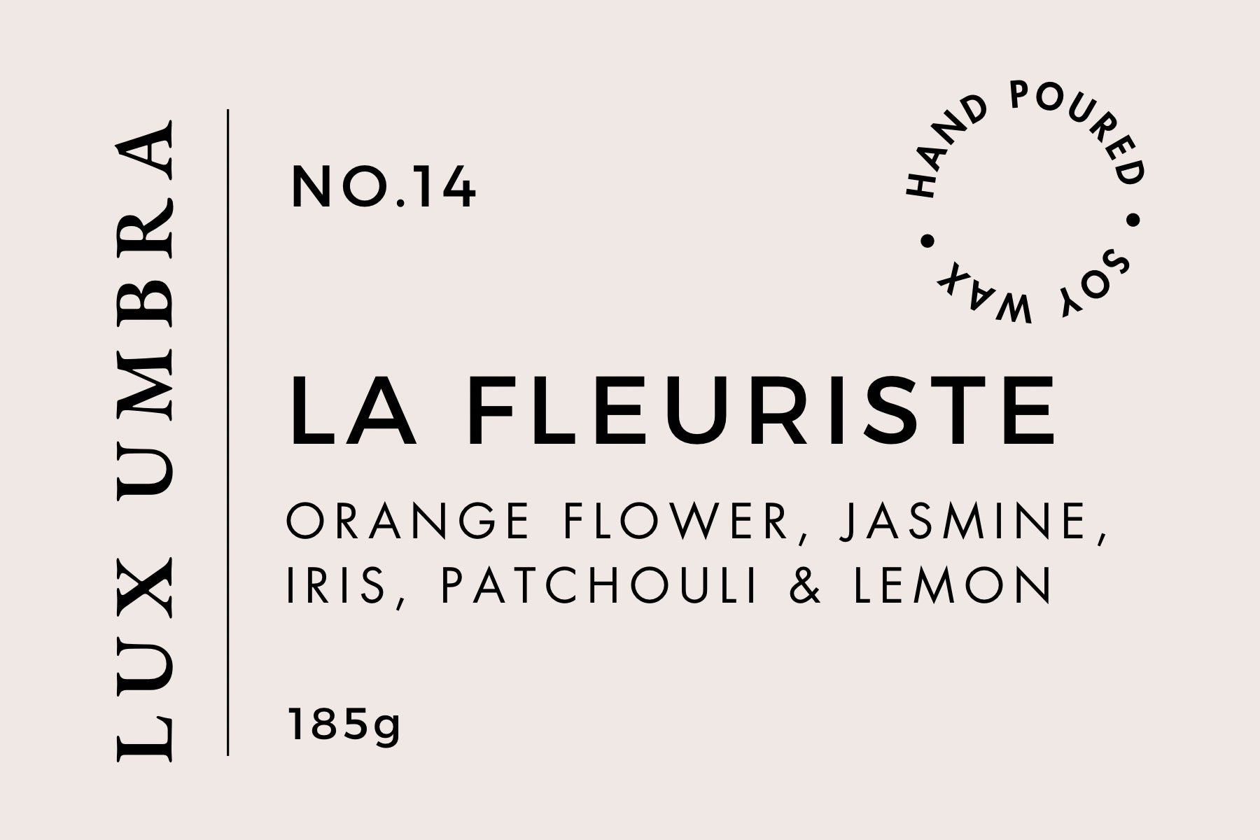 Lux Umbra candle label with product details on a beige background