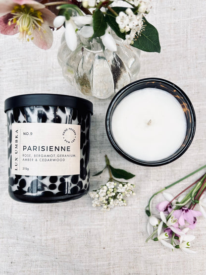 A black tortoiseshell patterned candle called Parisienne