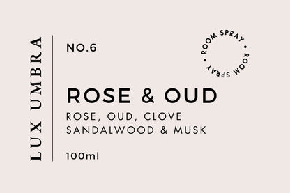 Lux Umbra Rose & Oud room spray label on a beige background