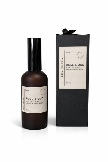 Bottle and packaging of Lux Umbra Rose & Oud room spray on a white background
