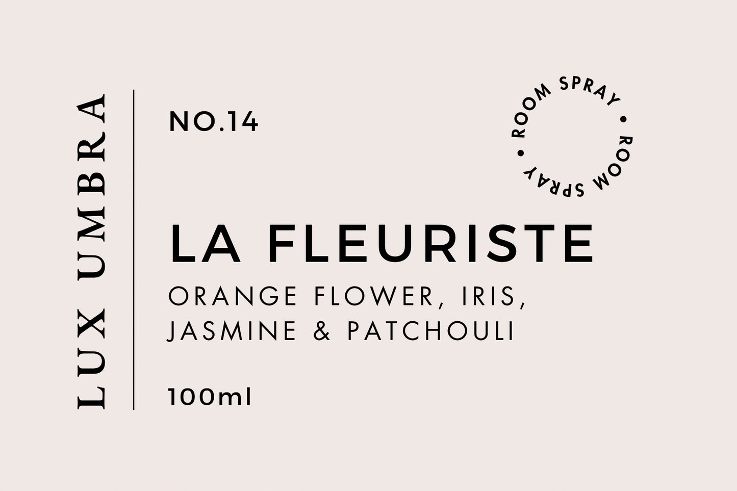 Product label for 'La Fleuriste' room spray by Lux Umbra with floral scents on a beige background.