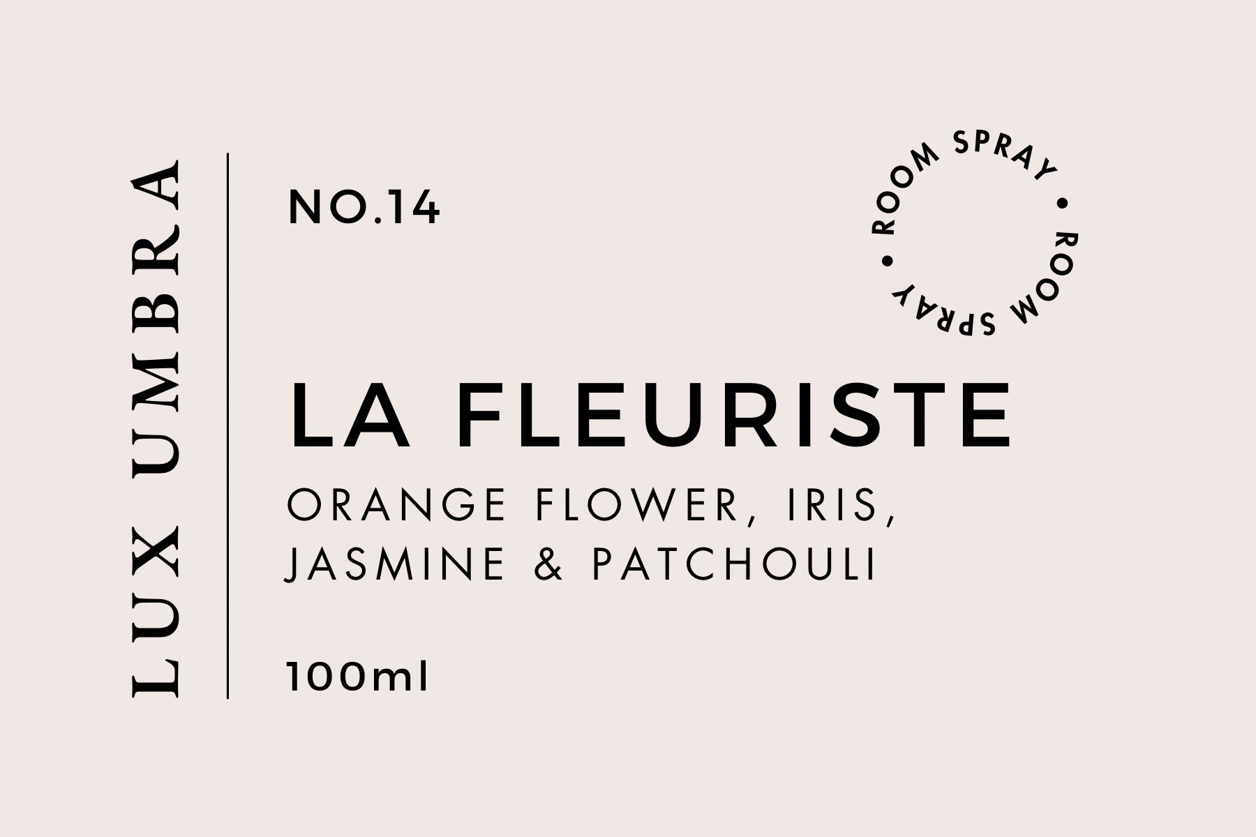 Product label for 'La Fleuriste' room spray by Lux Umbra with floral scents on a beige background.