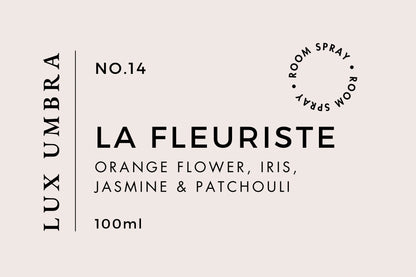 Product label for 'La Fleuriste' room spray by Lux Umbra with floral scents on a beige background.