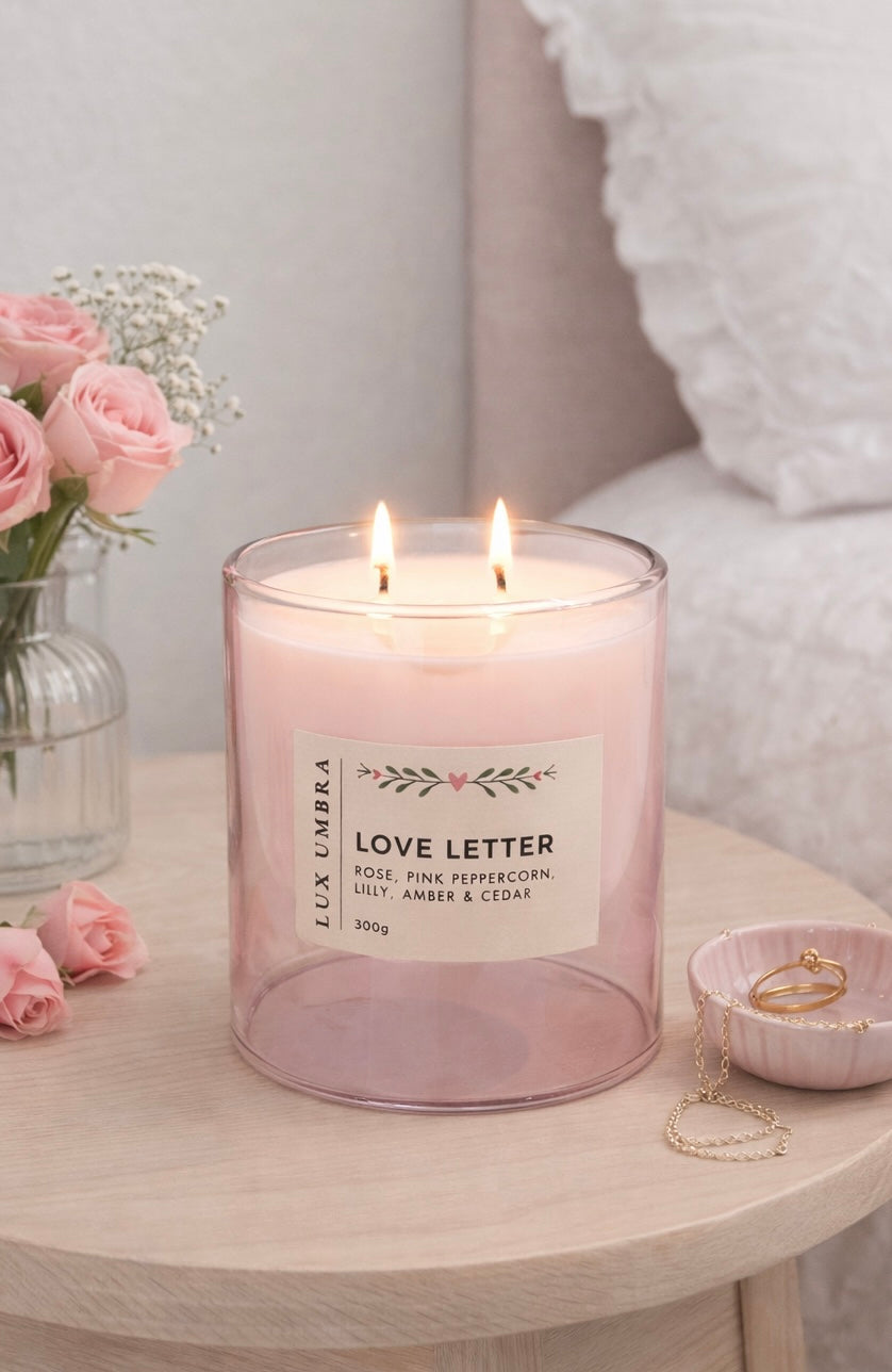 A pink double wicked candle called love letter. Sitting on a bedside table