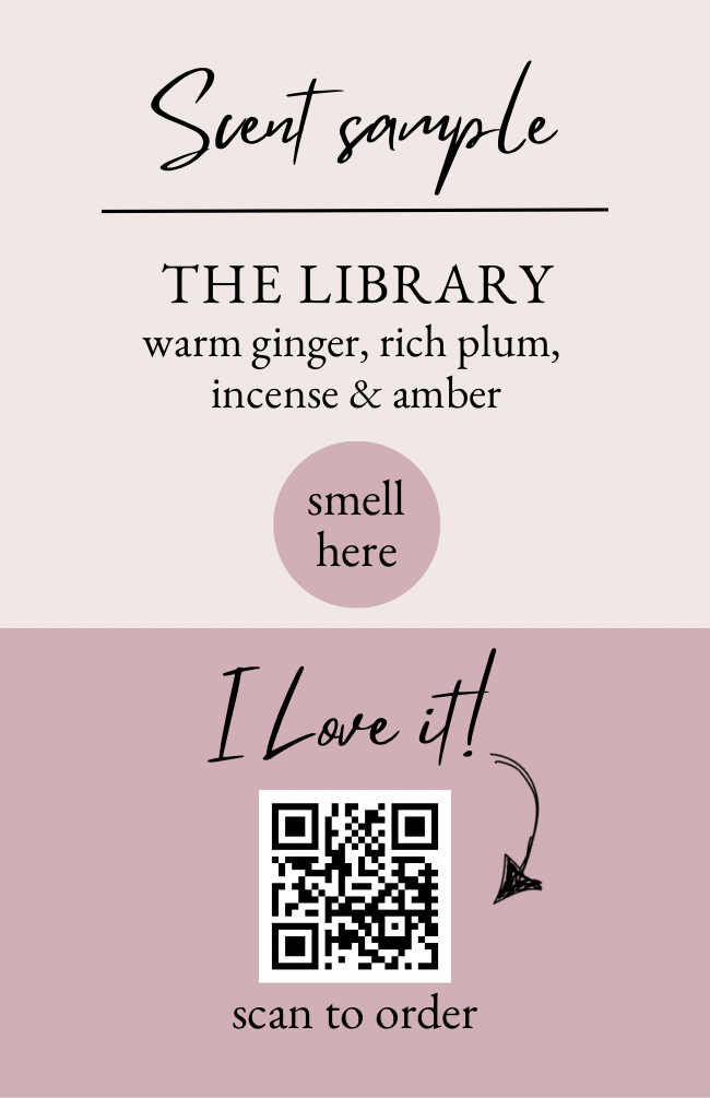 A scent sample card with a pink background featuring text that describes the fragrance as 'warm ginger, rich plum, incense & amber'. There is also a QR code and a button with the text 'I Love it! scan to order'.