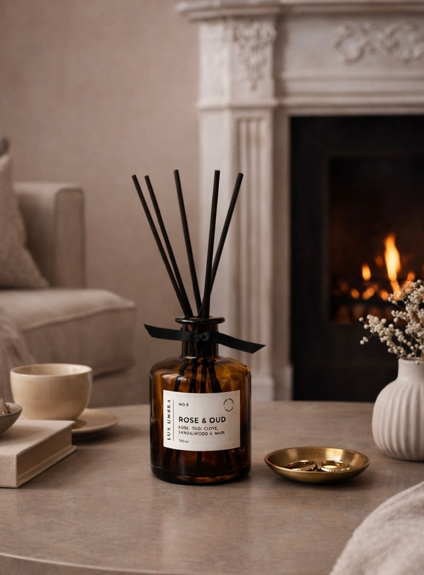 Diffuser on a table with a fireplace in the background