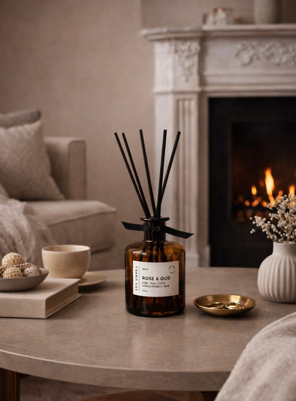 Diffuser on a table with a fireplace in the background