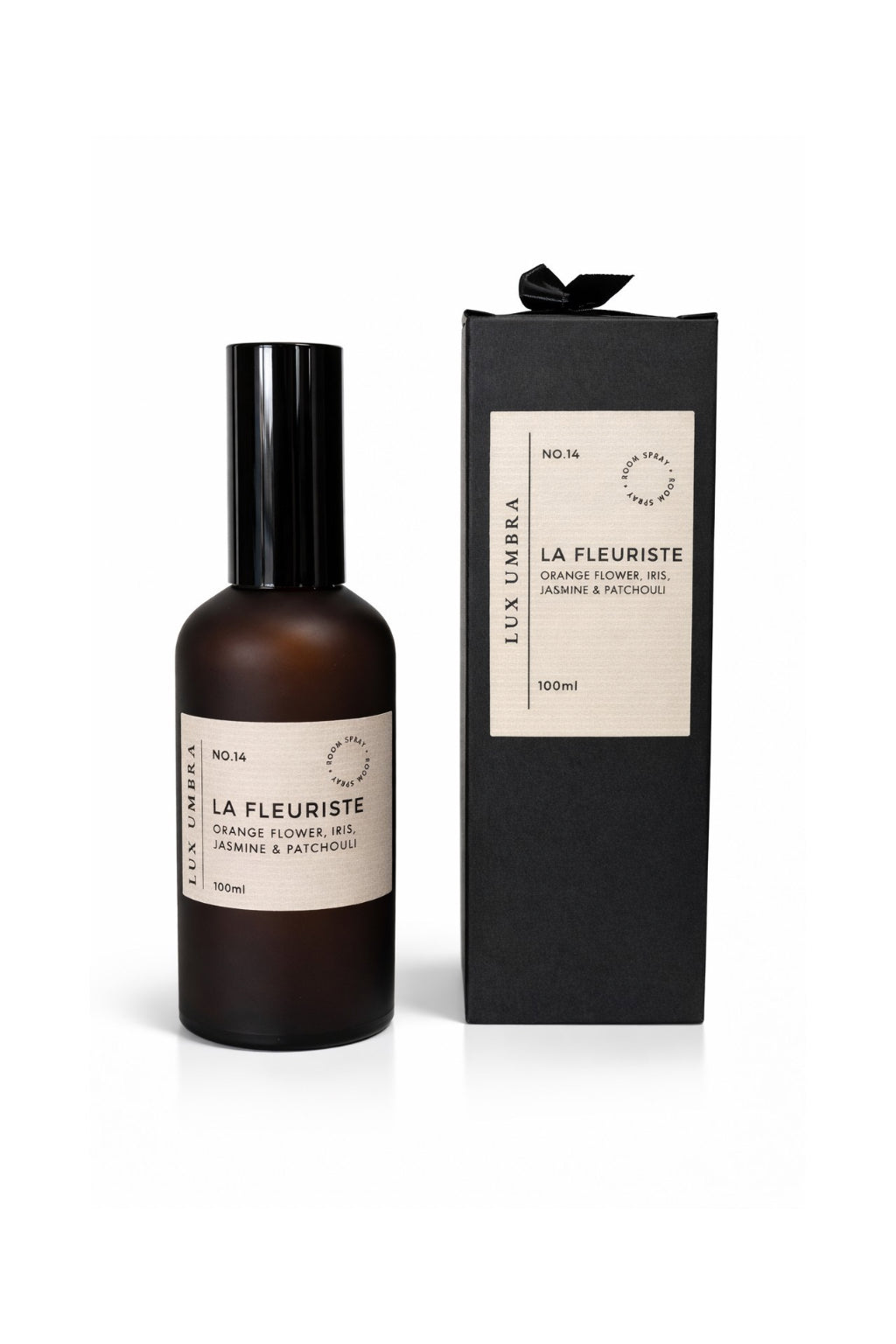 Brown bottle and black box with 'La Fleuriste' branding on a white background