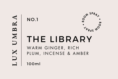 Label for a room spray called The Library by Lux Umbra