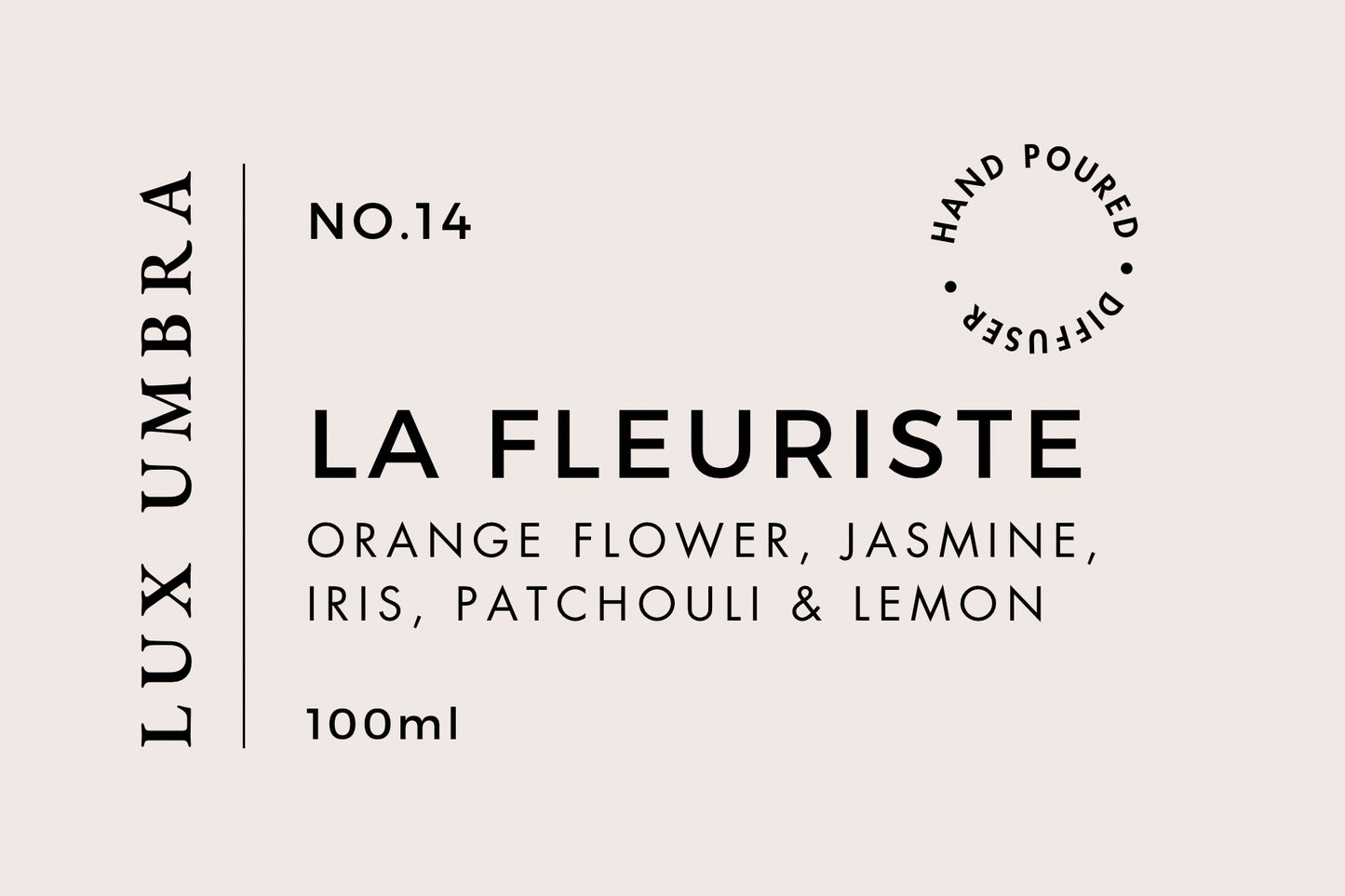 A reed diffuser label for a scent called La Fleuriste by Lux Umbra