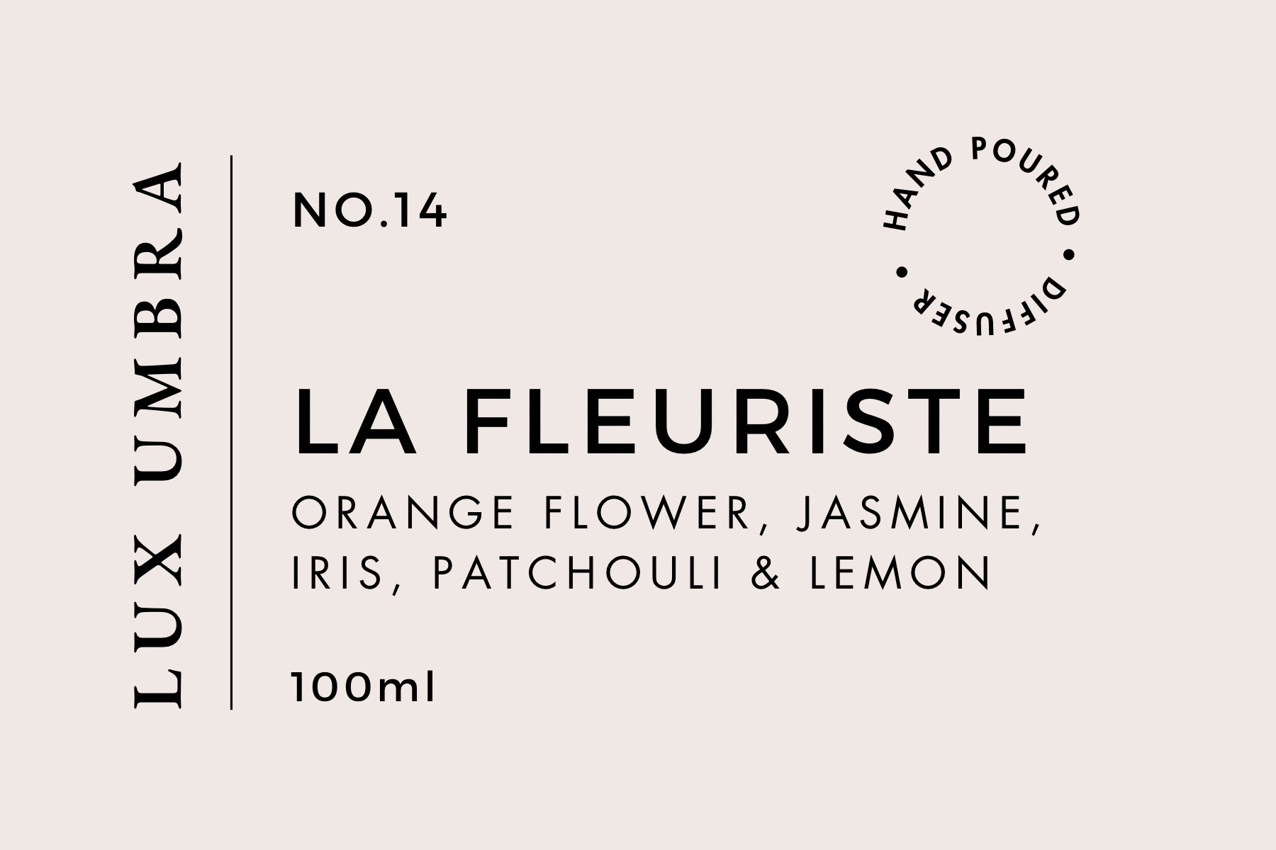 A reed diffuser label for a scent called La Fleuriste by Lux Umbra