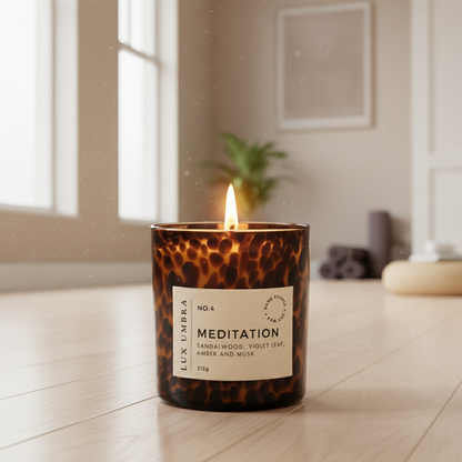 A brown tortoiseshell candle called Meditation in a yoga studio
