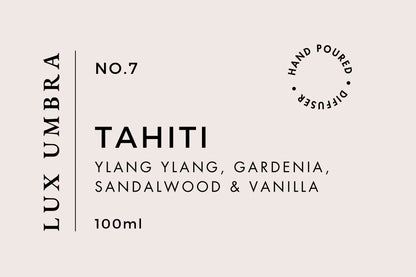 Diffuser label for a scent called Tahiti by Lux Umbra