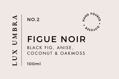 Reed diffuser label for a scent called figue noir