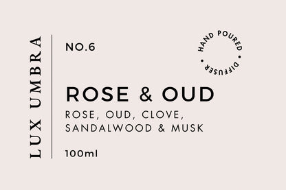 Reed diffuser label for a scent called Rose and Oud. 