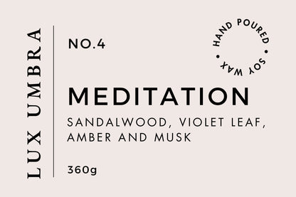 A label for a candle called meditation by Lux Umbra in a beige background