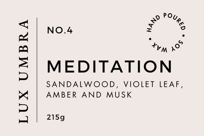 A candle label for a candle called Meditation by Lux Umbra. 