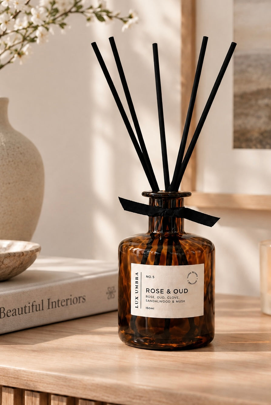 Brown tortoiseshell glass reed diffuser bottle with a white label reading 'ROSE & OUD' and black reeds, styled on a wooden table with a book and vase in a warm interior setting.