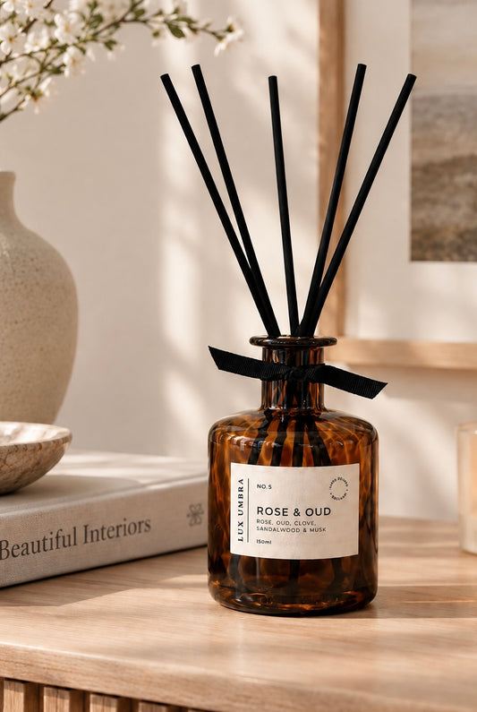 Brown tortoiseshell glass reed diffuser bottle with a white label reading 'ROSE & OUD' and black reeds, styled on a wooden table with a book and vase in a warm interior setting.